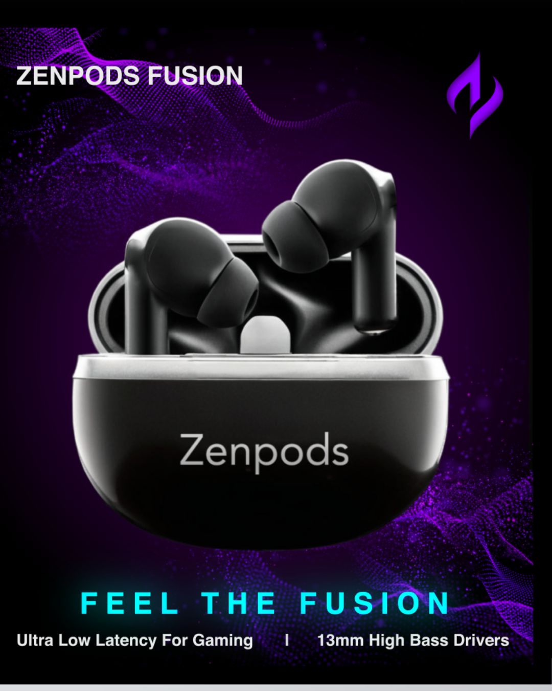 ZenPods Fusion Midnight Black - High Bass 13mm Drivers + 40Hrs Long Battery + Super-Low Latency Game Mode- IPX4 Water & Sweat Resistance